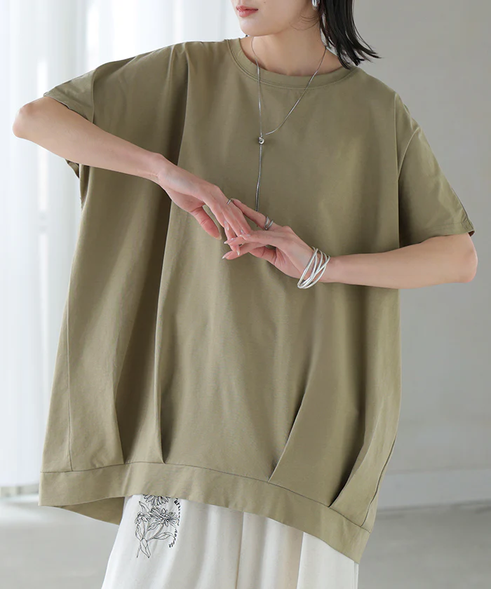 Tシャツ 接触冷感 タック レディース トップス ■一部7月下旬入荷 涼しい 薄手 半袖 カットソー ロング ティーシャツ チュニック ビッグ プラスサイズ クルーネック 長い ゆる ドルマン フレンチスリーブ 無地 体型カバー お尻が隠れる おしゃれ 白 黒 春 夏 HUG.U メール便 - Image 28