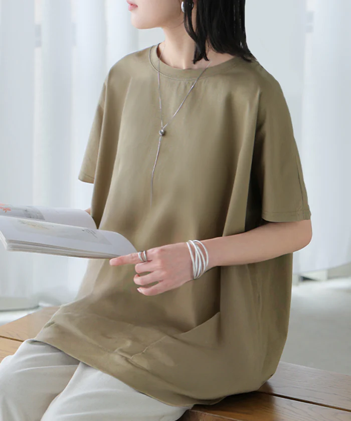 Tシャツ 接触冷感 タック レディース トップス ■一部7月下旬入荷 涼しい 薄手 半袖 カットソー ロング ティーシャツ チュニック ビッグ プラスサイズ クルーネック 長い ゆる ドルマン フレンチスリーブ 無地 体型カバー お尻が隠れる おしゃれ 白 黒 春 夏 HUG.U メール便 - Image 5