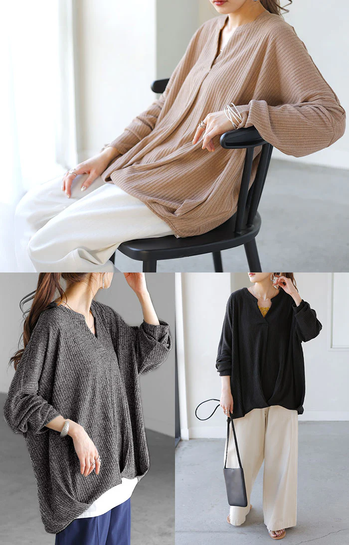 ロンT キーネック カットソー レディース トップス リブ スキッパー ロング オーバー プルオーバー 長袖 長い ボリュームスリーブ Vネック チュニック 変形シルエット ドルマン ゆったり 体型カバー 大きいサイズ お尻が隠れる 黒 春 夏 HUG.U - Image 21