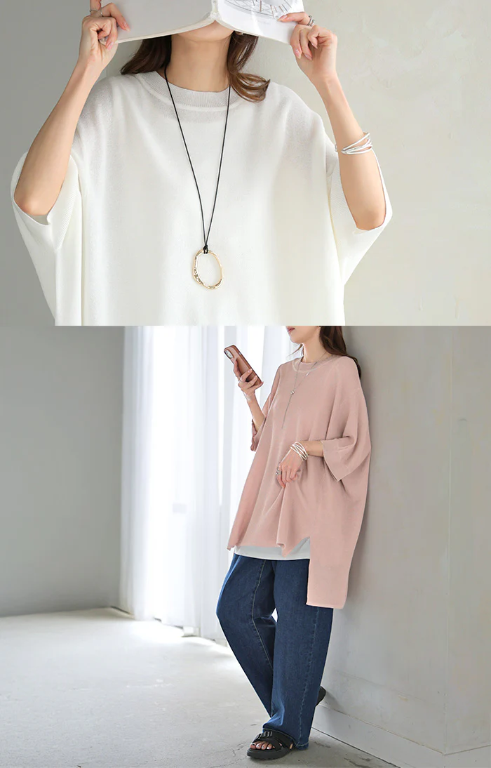 Tシャツ サマーニット 涼しい レディース ニット ■一部7月下旬入荷 トップス 半袖 ロング ティーシャツ チュニック セーター ビッグ クルーネック 長い ドルマン ドルマンスリーブ オーバー ゆったり 無地 体型カバー お尻が隠れる 大きいサイズ 白 黒 春 夏 HUG.U - Image 18
