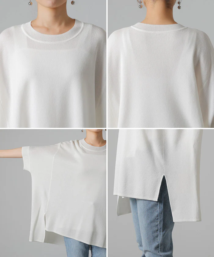 Tシャツ サマーニット 涼しい レディース ニット ■一部7月下旬入荷 トップス 半袖 ロング ティーシャツ チュニック セーター ビッグ クルーネック 長い ドルマン ドルマンスリーブ オーバー ゆったり 無地 体型カバー お尻が隠れる 大きいサイズ 白 黒 春 夏 HUG.U - Image 22