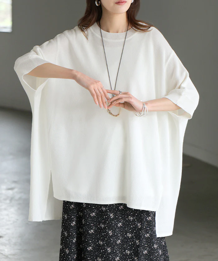 Tシャツ サマーニット 涼しい レディース ニット ■一部7月下旬入荷 トップス 半袖 ロング ティーシャツ チュニック セーター ビッグ クルーネック 長い ドルマン ドルマンスリーブ オーバー ゆったり 無地 体型カバー お尻が隠れる 大きいサイズ 白 黒 春 夏 HUG.U - Image 30