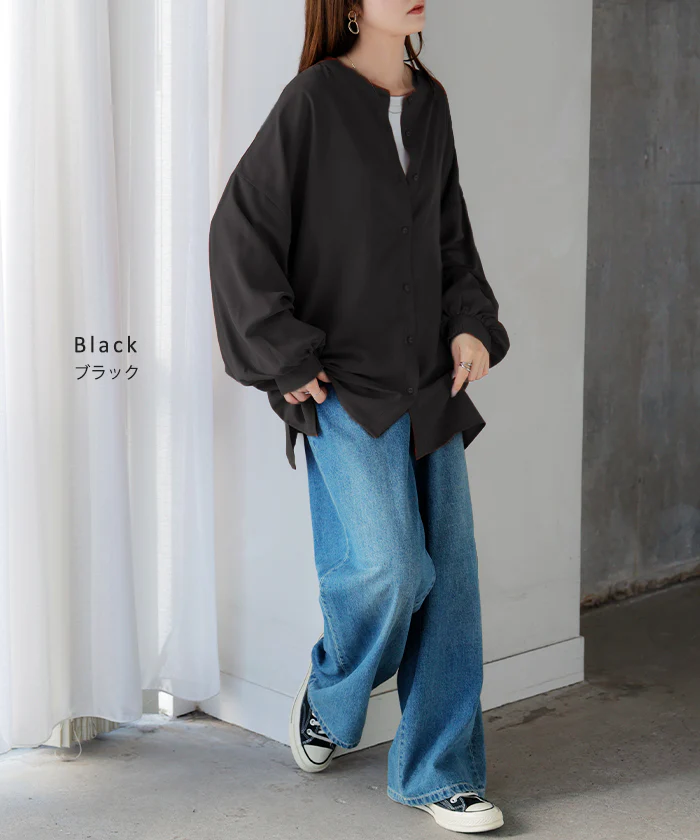 ブラウス ぽわん袖 ノーカラー シャツ レディース トップス バンドカラー ロング ロングシャツ チュニック 長袖 無地 羽織 ライトアウター きれいめ ゆったり 薄手 ボリュームスリーブ 大きいサイズ 体型カバー お尻が隠れる 白 黒 春 夏 HUG.U - Image 16