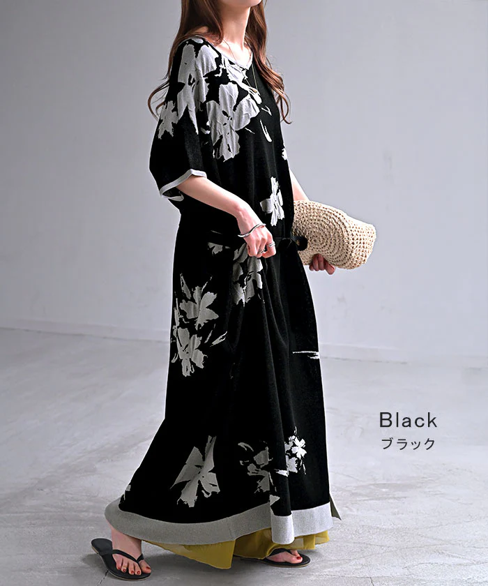 ワンピース ジャガード ニット 花柄 ワンピ セーター レディース Vネック ニットワンピース ニットワンピ ロング ロングワンピース レイヤード 長袖 マキシ シンプル ゆったり Aライン 無地 大きいサイズ 体型カバー きれいめ 黒 青 春 夏 HUG.U - Image 16