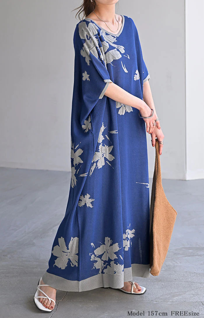 ワンピース ジャガード ニット 花柄 ワンピ セーター レディース Vネック ニットワンピース ニットワンピ ロング ロングワンピース レイヤード 長袖 マキシ シンプル ゆったり Aライン 無地 大きいサイズ 体型カバー きれいめ 黒 青 春 夏 HUG.U - Image 7
