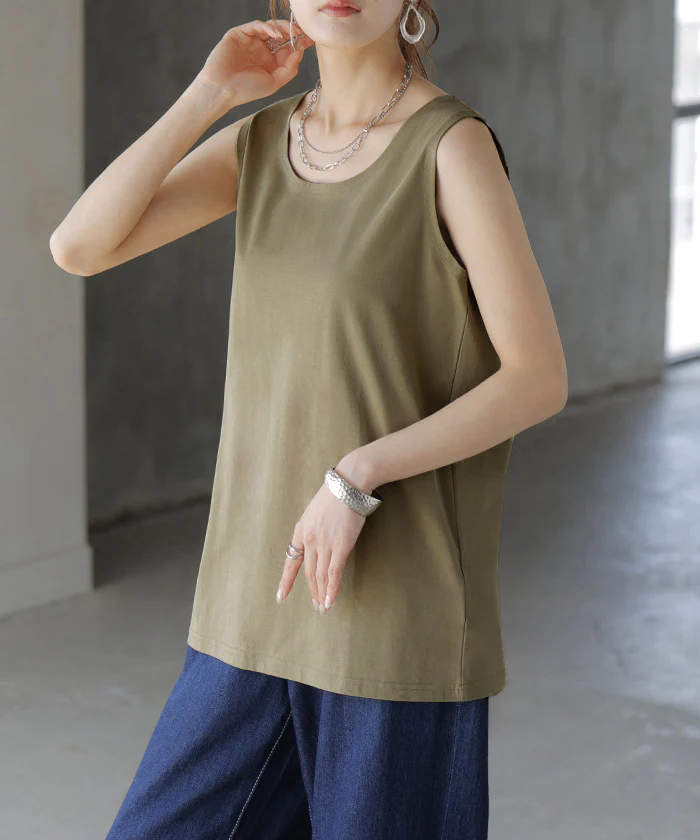 【2点500円OFF・3点以上1,000円OFF】タンクトップ ■一部7月上旬入荷 接触冷感 レイヤード インナー トップス タンク レディース 無地 カットソー ノースリーブ キャミソール ロング 長い ひんやり ゆったり カラバリ お尻が隠れる 体型カバー きれいめ 大人 グリーン 黒 白 春 夏 HUG.U メール便 - Image 32