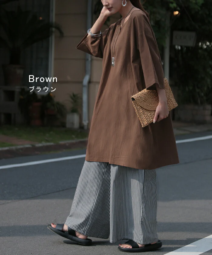 ブラウス チュニック シャツ レディース トップス キーネック スキッパー ロング ロングシャツ シャツワンピース 長袖 無地 綿100％ きれいめ ゆったり 7分袖 大きいサイズ 体型カバー オーバーサイズ お尻が隠れる カーキ 白 黒 春 夏 HUG.U - Image 12