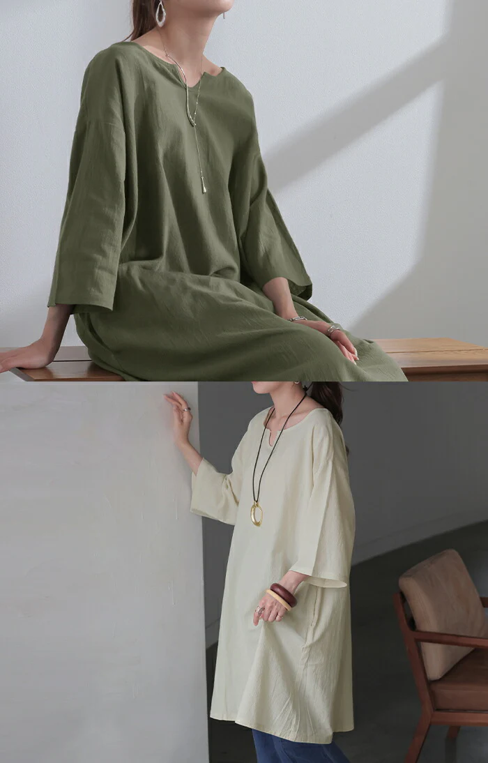 ブラウス チュニック シャツ レディース トップス キーネック スキッパー ロング ロングシャツ シャツワンピース 長袖 無地 綿100％ きれいめ ゆったり 7分袖 大きいサイズ 体型カバー オーバーサイズ お尻が隠れる カーキ 白 黒 春 夏 HUG.U - Image 16