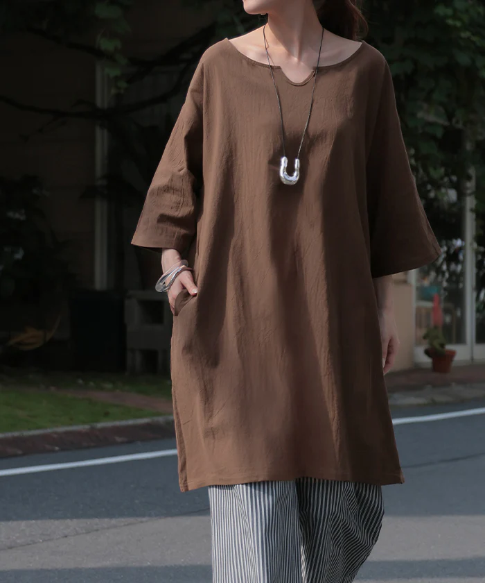 ブラウス チュニック シャツ レディース トップス キーネック スキッパー ロング ロングシャツ シャツワンピース 長袖 無地 綿100％ きれいめ ゆったり 7分袖 大きいサイズ 体型カバー オーバーサイズ お尻が隠れる カーキ 白 黒 春 夏 HUG.U - Image 27