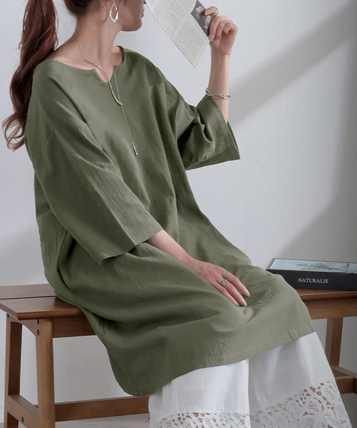 ブラウス チュニック シャツ レディース トップス キーネック スキッパー ロング ロングシャツ シャツワンピース 長袖 無地 綿100％ きれいめ ゆったり 7分袖 大きいサイズ 体型カバー オーバーサイズ お尻が隠れる カーキ 白 黒 春 夏 HUG.U - Image 28