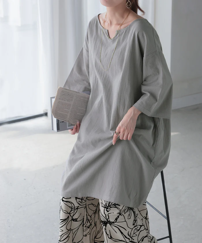 ブラウス チュニック シャツ レディース トップス キーネック スキッパー ロング ロングシャツ シャツワンピース 長袖 無地 綿100％ きれいめ ゆったり 7分袖 大きいサイズ 体型カバー オーバーサイズ お尻が隠れる カーキ 白 黒 春 夏 HUG.U - Image 29
