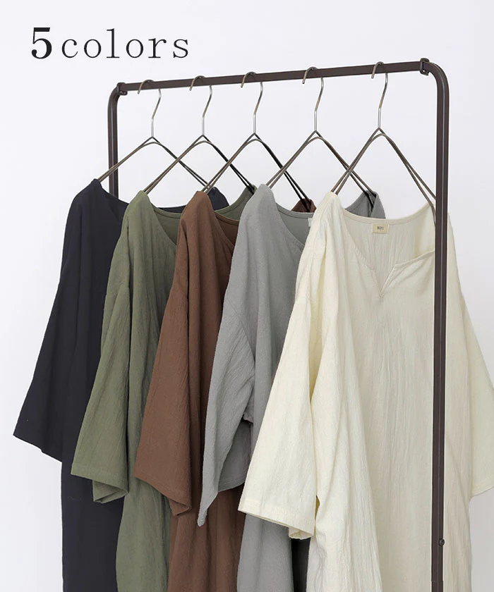 ブラウス チュニック シャツ レディース トップス キーネック スキッパー ロング ロングシャツ シャツワンピース 長袖 無地 綿100％ きれいめ ゆったり 7分袖 大きいサイズ 体型カバー オーバーサイズ お尻が隠れる カーキ 白 黒 春 夏 HUG.U - Image 8