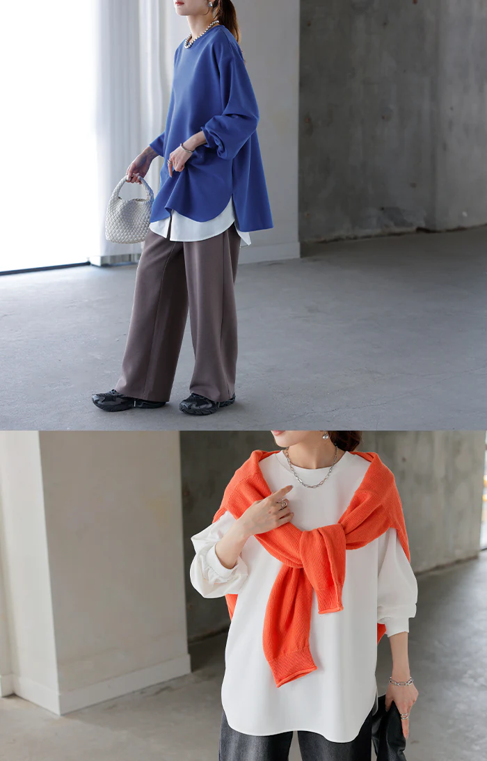 ロンT ブラウス レディース トップス ■一部7月中旬入荷 シャツ 長袖 Tシャツ カットソー ロング ティーシャツ チュニック プラスサイズ クルーネック 長い ドルマン ドルマンスリーブ ゆったり 無地 体型カバー お尻が隠れる 大きいサイズ おしゃれ 白 黒 春 夏 HUG.U - Image 7