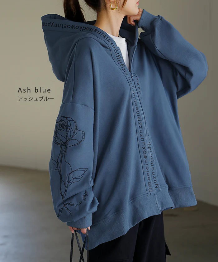 パーカー 刺繍 レディース スウェット スポーティー アウター トップス プルオーバー フードパーカー フード フーディー ドルマン ロゴ 花 綿100% ゆったり オーバーサイズ 体型カバー 大きいサイズ 黒 グレー 秋 冬 HUG.U - Image 12