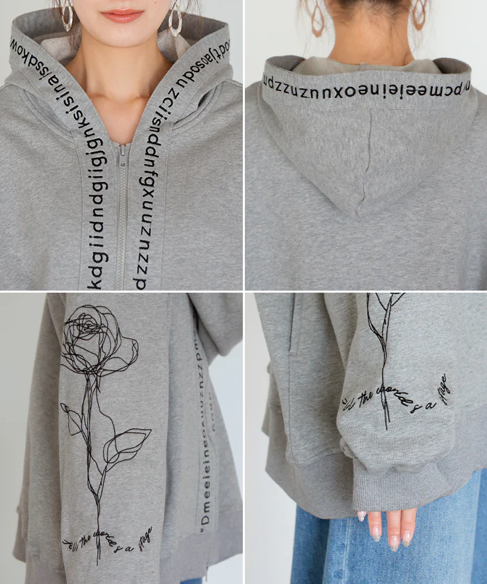 パーカー 刺繍 レディース スウェット スポーティー アウター トップス プルオーバー フードパーカー フード フーディー ドルマン ロゴ 花 綿100% ゆったり オーバーサイズ 体型カバー 大きいサイズ 黒 グレー 秋 冬 HUG.U - Image 25