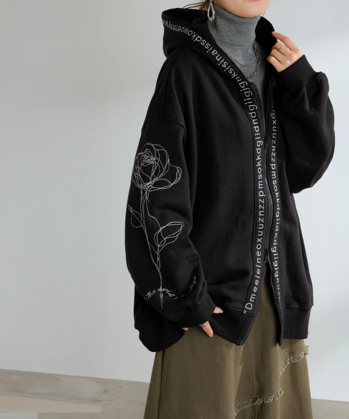 パーカー 刺繍 レディース スウェット スポーティー アウター トップス プルオーバー フードパーカー フード フーディー ドルマン ロゴ 花 綿100% ゆったり オーバーサイズ 体型カバー 大きいサイズ 黒 グレー 秋 冬 HUG.U - Image 29