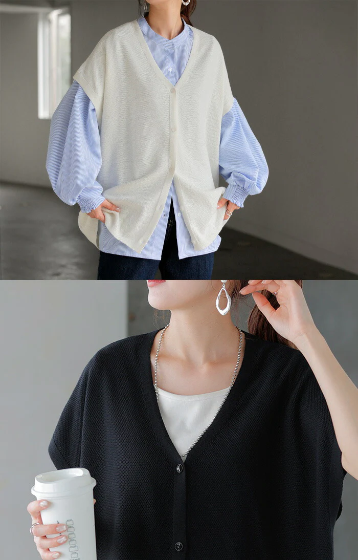 ベスト サマーニット 鹿の子 レディース 涼しげ ニット レイヤード ニットベスト ジレ トップス チュニック ロング カーディガン カーデ 半袖 羽織 薄手 Vネック 重ね着 体型カバー 無地 ゆったり お尻が隠れる 大きいサイズ 黒 白 春 夏 HUG.U - Image 16