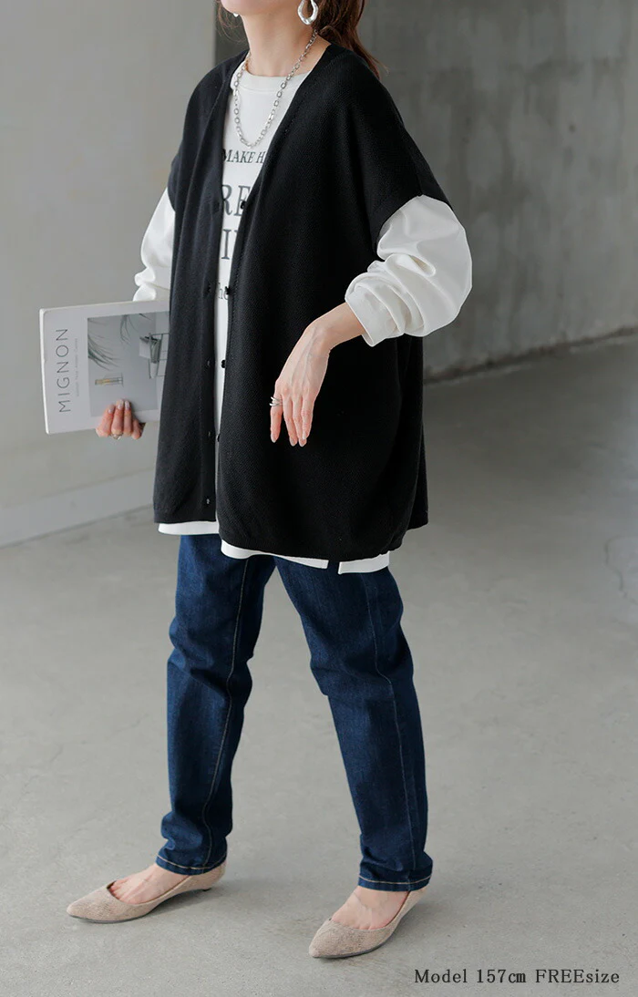 ベスト サマーニット 鹿の子 レディース 涼しげ ニット レイヤード ニットベスト ジレ トップス チュニック ロング カーディガン カーデ 半袖 羽織 薄手 Vネック 重ね着 体型カバー 無地 ゆったり お尻が隠れる 大きいサイズ 黒 白 春 夏 HUG.U - Image 3