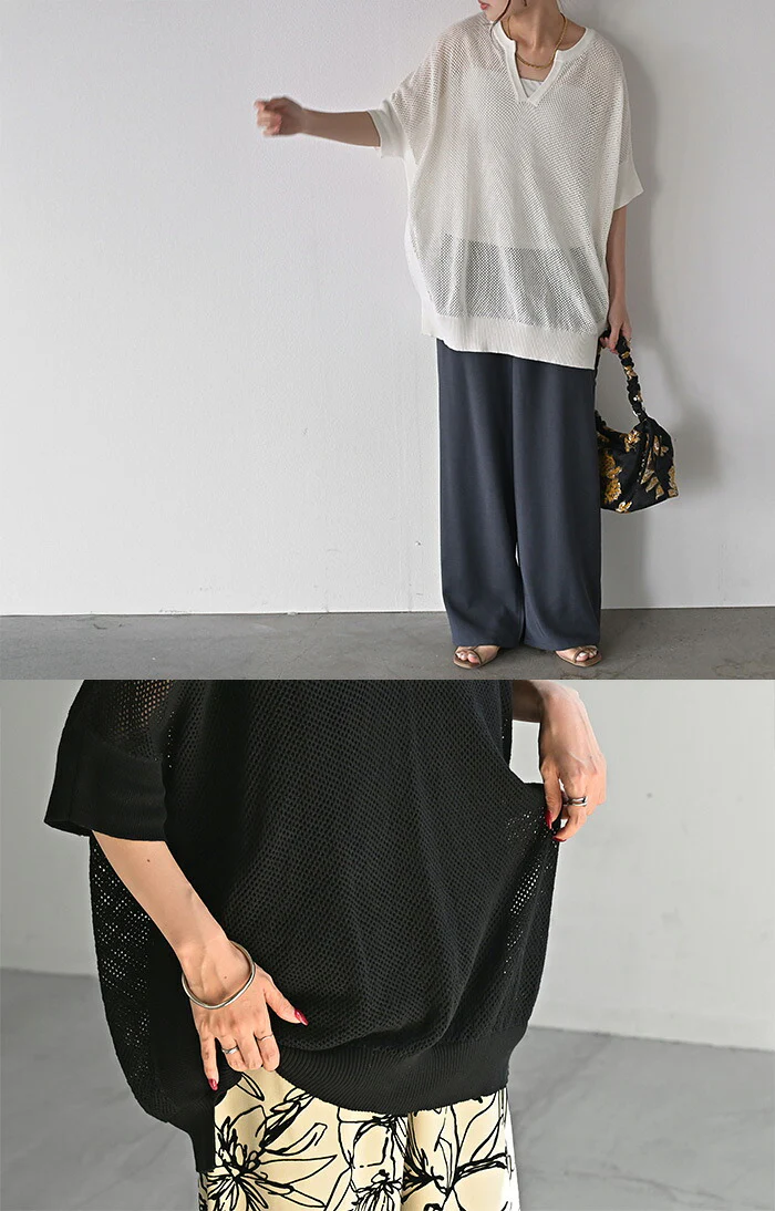 Tシャツ 透かし編みニット サマーニット レディース トップス 半袖 ニット ロング ティーシャツ チュニック ビッグ キーネック 長い ドルマン ゆったり 無地 体型カバー お尻が隠れる 大きいサイズ リブ おしゃれ 白 黒 春 夏 HUG.U - Image 17