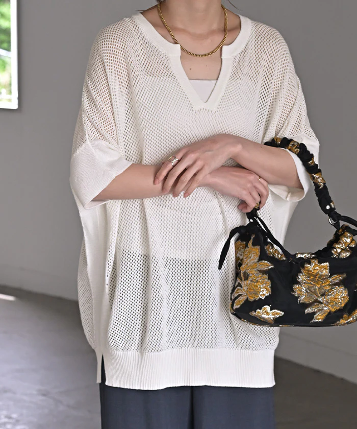 Tシャツ 透かし編みニット サマーニット レディース トップス 半袖 ニット ロング ティーシャツ チュニック ビッグ キーネック 長い ドルマン ゆったり 無地 体型カバー お尻が隠れる 大きいサイズ リブ おしゃれ 白 黒 春 夏 HUG.U - Image 26
