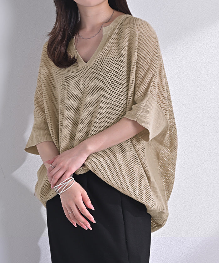 Tシャツ 透かし編みニット サマーニット レディース トップス 半袖 ニット ロング ティーシャツ チュニック ビッグ キーネック 長い ドルマン ゆったり 無地 体型カバー お尻が隠れる 大きいサイズ リブ おしゃれ 白 黒 春 夏 HUG.U - Image 27