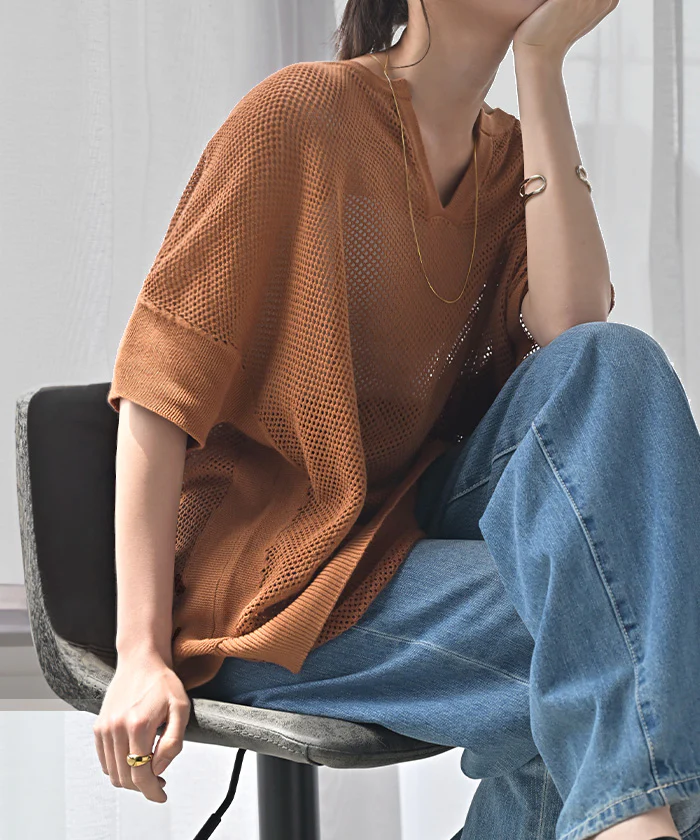Tシャツ 透かし編みニット サマーニット レディース トップス 半袖 ニット ロング ティーシャツ チュニック ビッグ キーネック 長い ドルマン ゆったり 無地 体型カバー お尻が隠れる 大きいサイズ リブ おしゃれ 白 黒 春 夏 HUG.U - Image 28