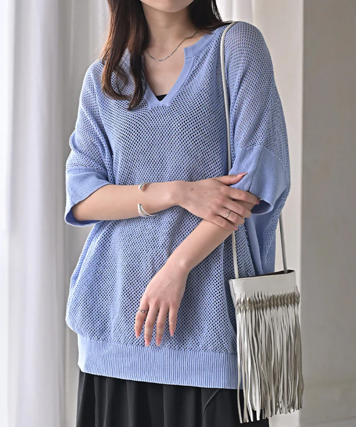 Tシャツ 透かし編みニット サマーニット レディース トップス 半袖 ニット ロング ティーシャツ チュニック ビッグ キーネック 長い ドルマン ゆったり 無地 体型カバー お尻が隠れる 大きいサイズ リブ おしゃれ 白 黒 春 夏 HUG.U - Image 29