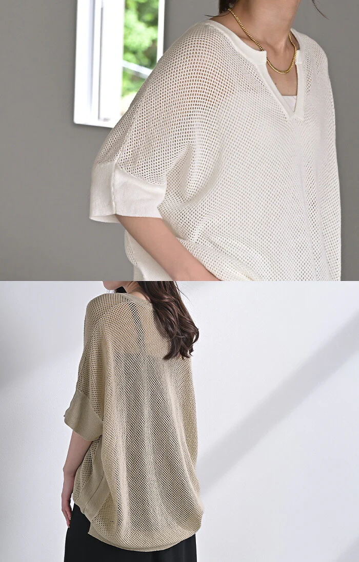 Tシャツ 透かし編みニット サマーニット レディース トップス 半袖 ニット ロング ティーシャツ チュニック ビッグ キーネック 長い ドルマン ゆったり 無地 体型カバー お尻が隠れる 大きいサイズ リブ おしゃれ 白 黒 春 夏 HUG.U - Image 4