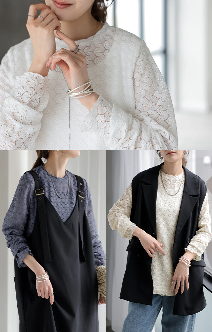 シアートップス レイヤード レース トップス レディース ■一部7月中旬入荷 柄 シアー シースルー シアーインナー インナー ハイネック 無地 長袖 薄手 ロング メッシュ きれいめ 重ね着 ストレッチ 体型カバー ゆったり 大きいサイズ 二の腕カバー 白 黒 春 夏 HUG.U メール便 - Image 9