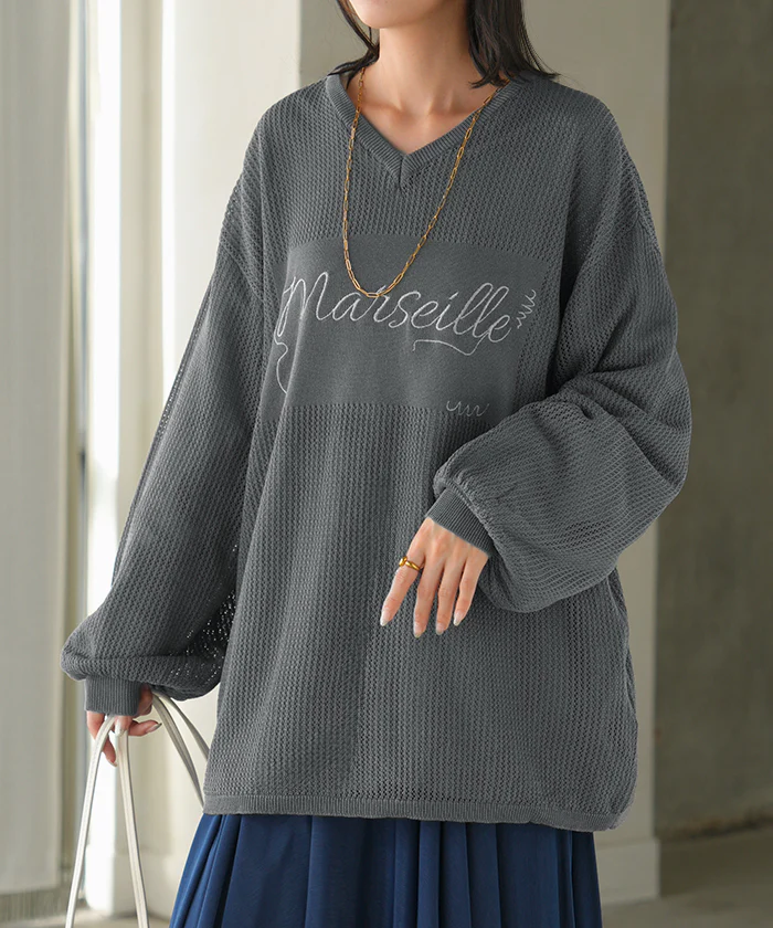 ニット ロゴ 刺繍 レディース 透かし編み トップス セーター オーバー プルオーバー ロング 長袖 長い レイヤード メッシュ 薄手 シアー チュニック ゆったり 大きいサイズ 無地 長袖 体型カバー お尻が隠れる カジュアル 黒 白 春 夏 HUG.U - Image 28