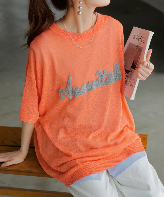 Tシャツ 透かし編みニット ロゴ 刺繍 レディース トップス 半袖 ニット ロング ティーシャツ チュニック ビッグ クルーネック 長い ドルマン サマーニット ゆったり 無地 体型カバー お尻が隠れる 大きいサイズ 立体 おしゃれ 白 黒 春 夏 HUG.U メール便 - Image 5