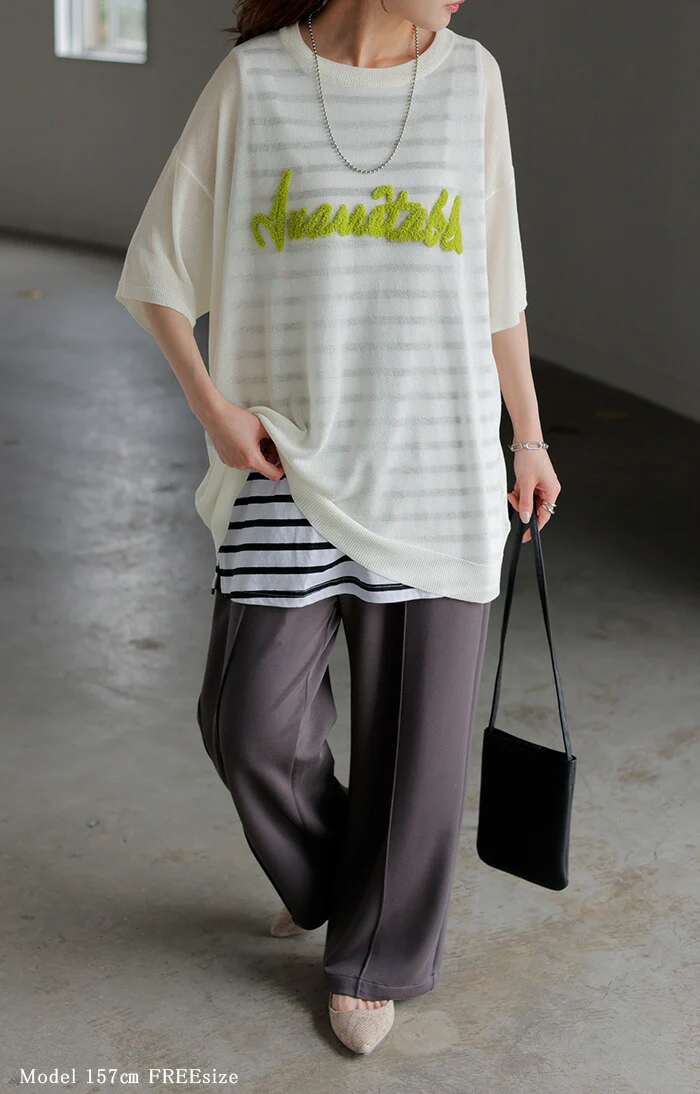 Tシャツ 透かし編みニット ロゴ 刺繍 レディース トップス 半袖 ニット ロング ティーシャツ チュニック ビッグ クルーネック 長い ドルマン サマーニット ゆったり 無地 体型カバー お尻が隠れる 大きいサイズ 立体 おしゃれ 白 黒 春 夏 HUG.U メール便 - Image 7