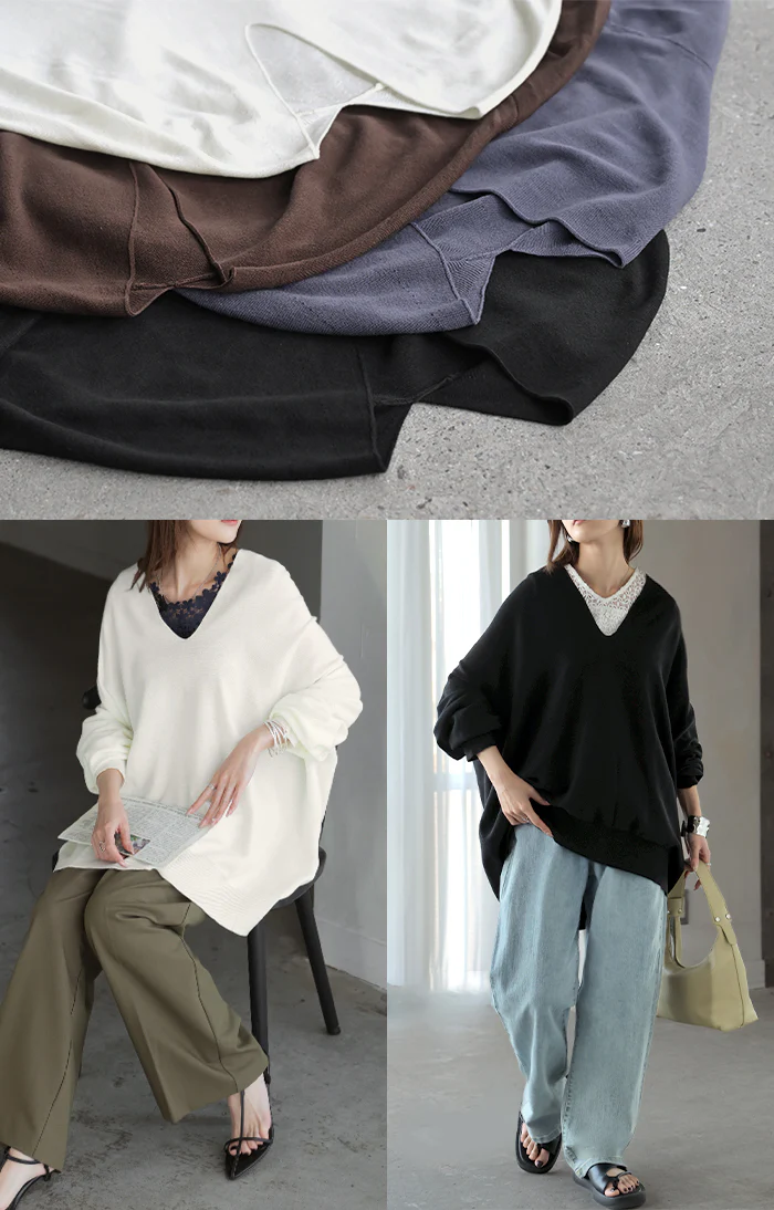 ニット Vネック コクーン レディース トップス ロング セーター オーバー プルオーバー 長袖 長い レイヤード リブ チュニック ドルマン チクチクしない ゆったり 薄い 柔らかい 体型カバー 大きいサイズ お尻が隠れる カジュアル 黒 白 秋 冬 HUG.U - Image 18