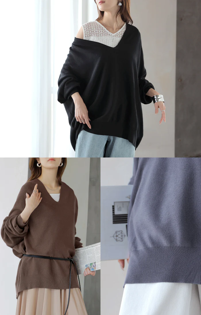 ニット Vネック コクーン レディース トップス ロング セーター オーバー プルオーバー 長袖 長い レイヤード リブ チュニック ドルマン チクチクしない ゆったり 薄い 柔らかい 体型カバー 大きいサイズ お尻が隠れる カジュアル 黒 白 秋 冬 HUG.U - Image 21