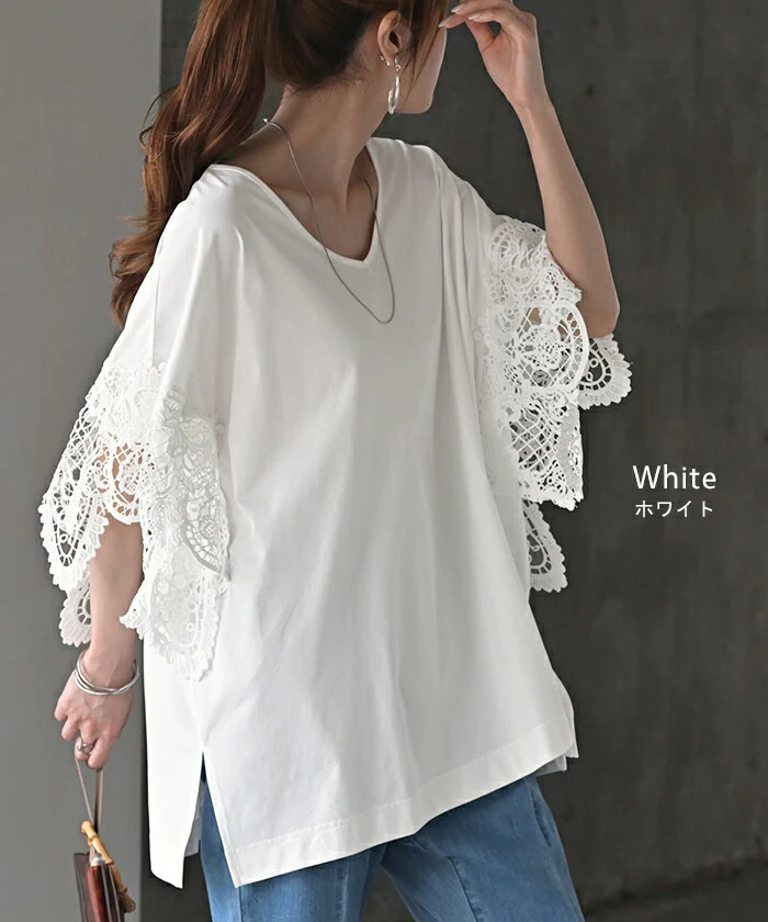 Tシャツ レース UVカット 接触冷感 レディース ■一部7月上旬入荷 トップス 半袖 カットソー ロング ティーシャツ 抗菌 防臭 ビッグ プラスサイズ Vネック 長い ドルマン ドルマンスリーブ 花柄 ゆったり 無地 体型カバー 大きいサイズ おしゃれ 白 黒 春 冬 HUG.U - Image 15