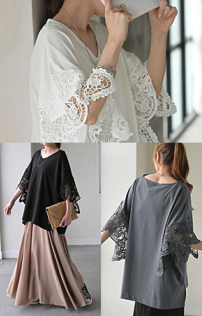 Tシャツ レース UVカット 接触冷感 レディース ■一部7月上旬入荷 トップス 半袖 カットソー ロング ティーシャツ 抗菌 防臭 ビッグ プラスサイズ Vネック 長い ドルマン ドルマンスリーブ 花柄 ゆったり 無地 体型カバー 大きいサイズ おしゃれ 白 黒 春 冬 HUG.U - Image 24