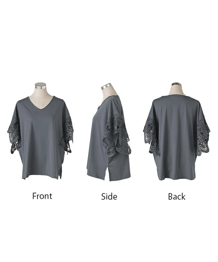 Tシャツ レース UVカット 接触冷感 レディース ■一部7月上旬入荷 トップス 半袖 カットソー ロング ティーシャツ 抗菌 防臭 ビッグ プラスサイズ Vネック 長い ドルマン ドルマンスリーブ 花柄 ゆったり 無地 体型カバー 大きいサイズ おしゃれ 白 黒 春 冬 HUG.U - Image 26