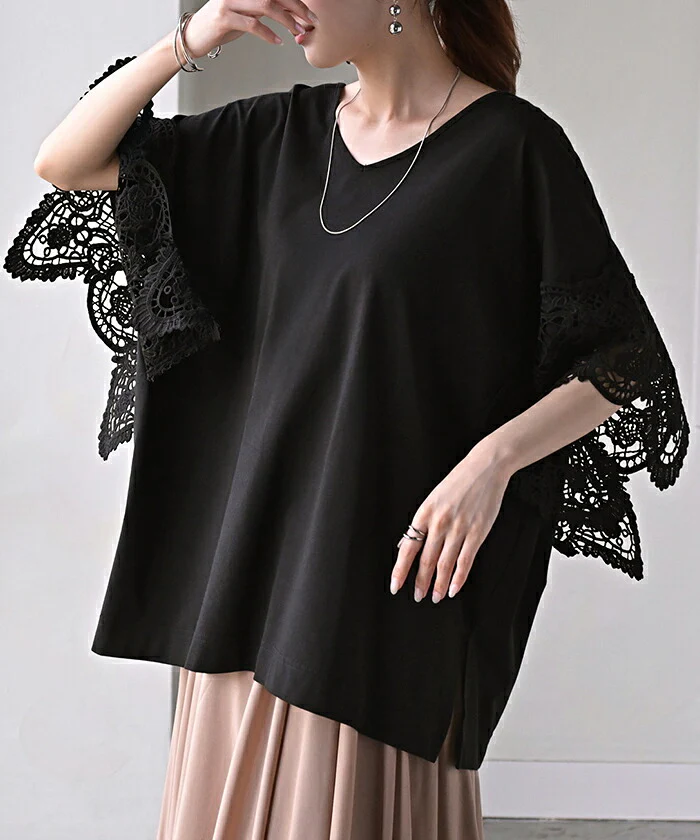 Tシャツ レース UVカット 接触冷感 レディース ■一部7月上旬入荷 トップス 半袖 カットソー ロング ティーシャツ 抗菌 防臭 ビッグ プラスサイズ Vネック 長い ドルマン ドルマンスリーブ 花柄 ゆったり 無地 体型カバー 大きいサイズ おしゃれ 白 黒 春 冬 HUG.U - Image 7