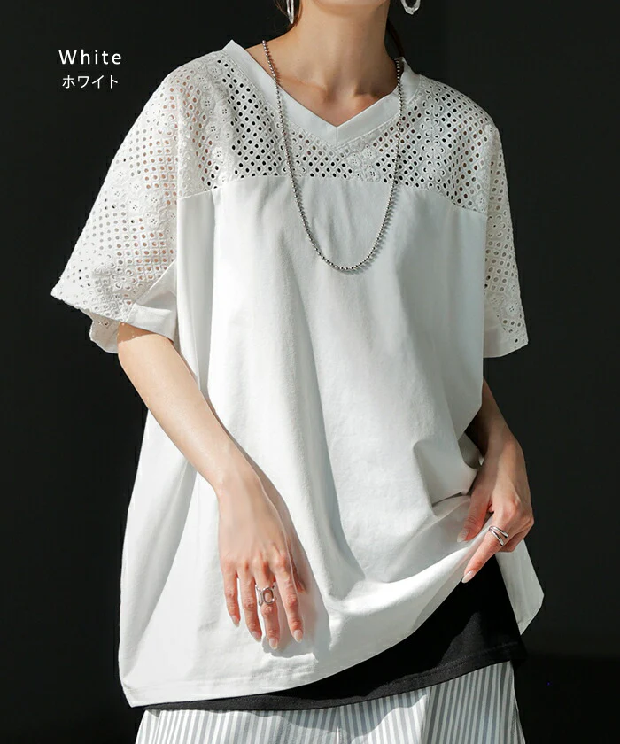 Tシャツ レース レディース トップス 半袖 カットソー ロング ティーシャツ 接触冷感 チュニック ビッグ プラスサイズ Vネック 長い ドルマン ドルマンスリーブ ゆったり 無地 体型カバー お尻が隠れる 大きいサイズ おしゃれ 白 黒 春 冬 HUG.U メール便 - Image 12