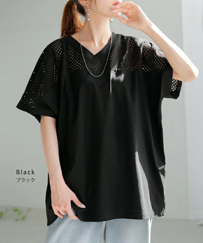 Tシャツ レース レディース トップス 半袖 カットソー ロング ティーシャツ 接触冷感 チュニック ビッグ プラスサイズ Vネック 長い ドルマン ドルマンスリーブ ゆったり 無地 体型カバー お尻が隠れる 大きいサイズ おしゃれ 白 黒 春 冬 HUG.U メール便 - Image 13