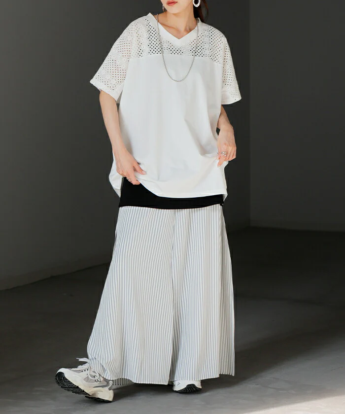 Tシャツ レース レディース トップス 半袖 カットソー ロング ティーシャツ 接触冷感 チュニック ビッグ プラスサイズ Vネック 長い ドルマン ドルマンスリーブ ゆったり 無地 体型カバー お尻が隠れる 大きいサイズ おしゃれ 白 黒 春 冬 HUG.U メール便 - Image 17