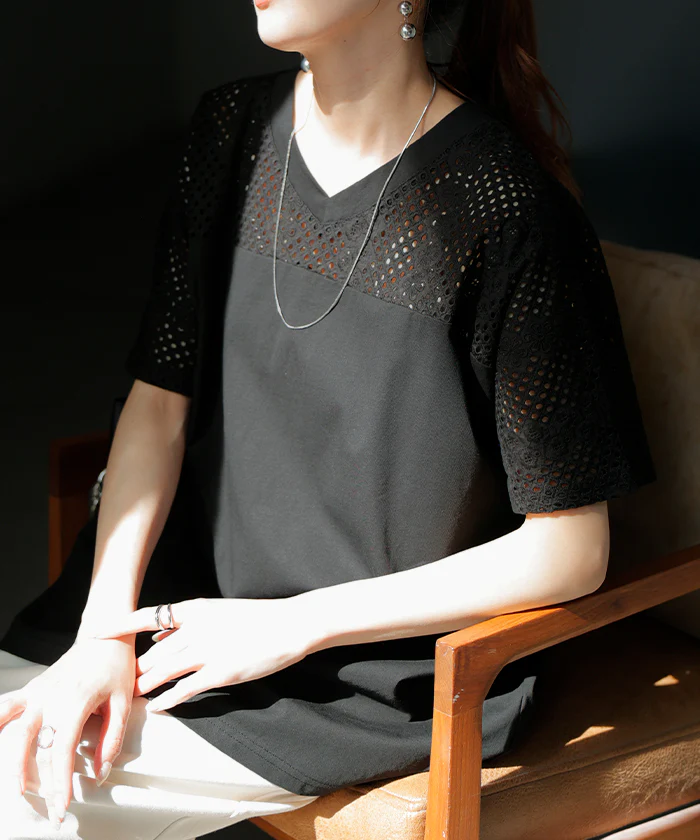 Tシャツ レース レディース トップス 半袖 カットソー ロング ティーシャツ 接触冷感 チュニック ビッグ プラスサイズ Vネック 長い ドルマン ドルマンスリーブ ゆったり 無地 体型カバー お尻が隠れる 大きいサイズ おしゃれ 白 黒 春 冬 HUG.U メール便 - Image 29
