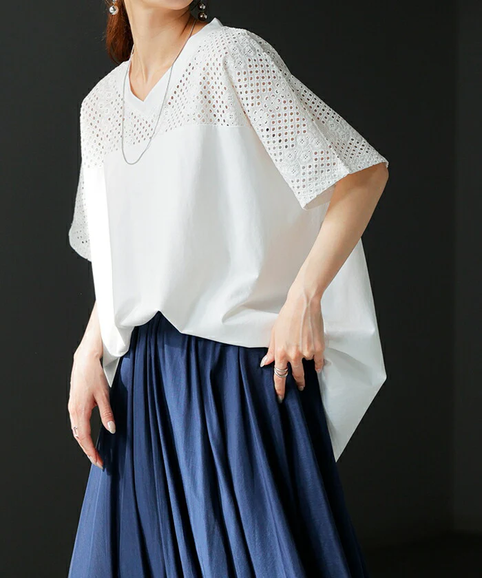 Tシャツ レース レディース トップス 半袖 カットソー ロング ティーシャツ 接触冷感 チュニック ビッグ プラスサイズ Vネック 長い ドルマン ドルマンスリーブ ゆったり 無地 体型カバー お尻が隠れる 大きいサイズ おしゃれ 白 黒 春 冬 HUG.U メール便 - Image 5