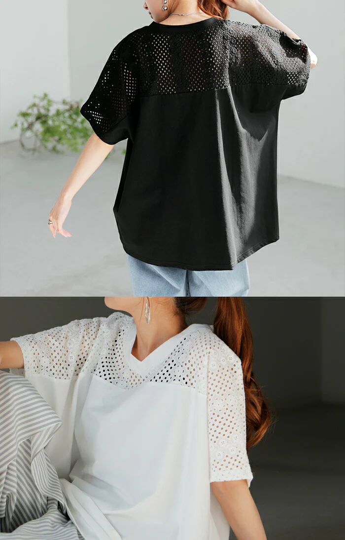 Tシャツ レース レディース トップス 半袖 カットソー ロング ティーシャツ 接触冷感 チュニック ビッグ プラスサイズ Vネック 長い ドルマン ドルマンスリーブ ゆったり 無地 体型カバー お尻が隠れる 大きいサイズ おしゃれ 白 黒 春 冬 HUG.U メール便 - Image 7