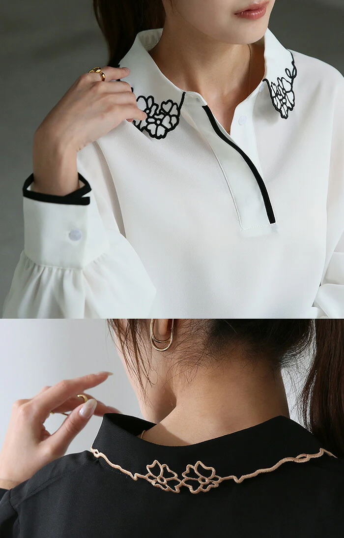 シャツ レディース ブラウス 花柄 刺繍 トップス ロング ロングシャツ ブラウス 襟 プルオーバー チュニック シフォン シアーシャツ 長袖 無地 ボリュームスリーブ きれいめ ゆったり 大きいサイズ 体型カバー お尻が隠れる 黒 白 春 夏 HUG.U メール便 - Image 17