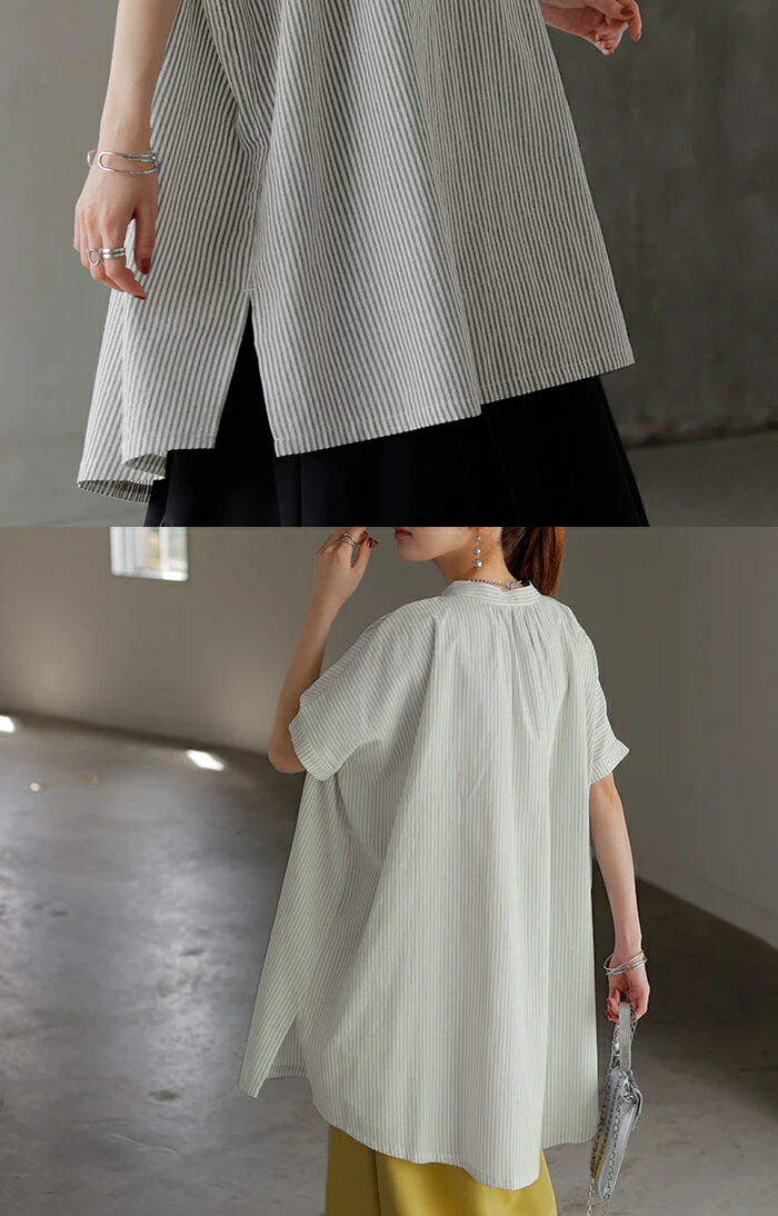 シャツ ストライプ ノーカラー レディース トップス バンドカラー ブラウス ロング ロングシャツ チュニック キーネック 風 半袖 無地 羽織 きれいめ コットン ゆったり 大きいサイズ オーバーサイズ 体型カバー お尻が隠れる 青 黒 春 夏 HUG.U メール便 - Image 16