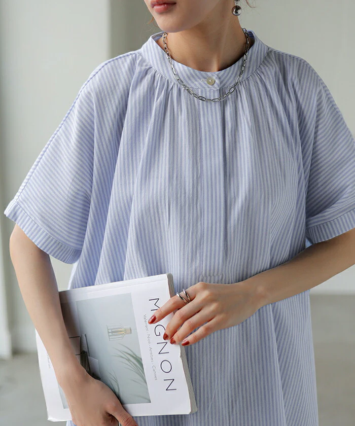 シャツ ストライプ ノーカラー レディース トップス バンドカラー ブラウス ロング ロングシャツ チュニック キーネック 風 半袖 無地 羽織 きれいめ コットン ゆったり 大きいサイズ オーバーサイズ 体型カバー お尻が隠れる 青 黒 春 夏 HUG.U メール便 - Image 17
