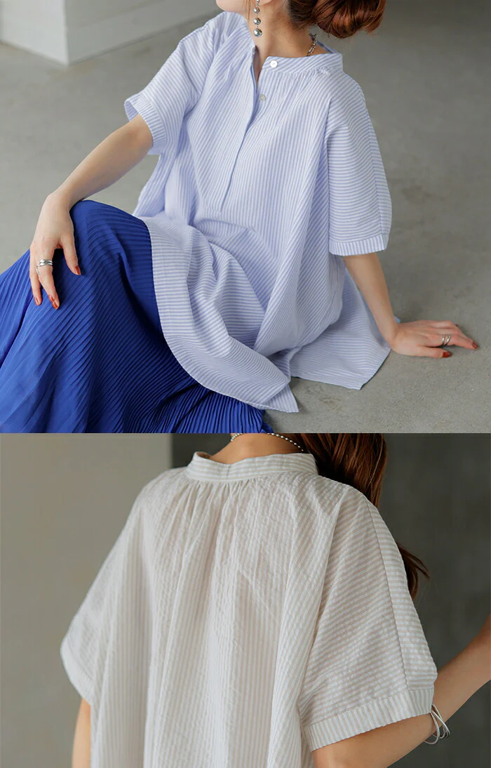 シャツ ストライプ ノーカラー レディース トップス バンドカラー ブラウス ロング ロングシャツ チュニック キーネック 風 半袖 無地 羽織 きれいめ コットン ゆったり 大きいサイズ オーバーサイズ 体型カバー お尻が隠れる 青 黒 春 夏 HUG.U メール便 - Image 4