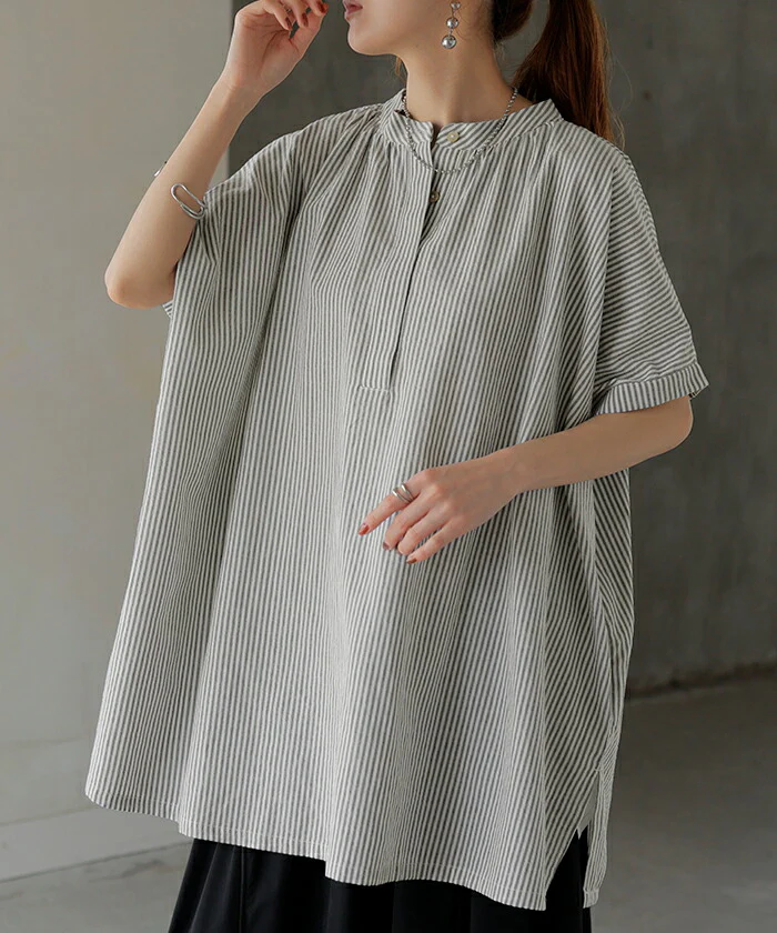 シャツ ストライプ ノーカラー レディース トップス バンドカラー ブラウス ロング ロングシャツ チュニック キーネック 風 半袖 無地 羽織 きれいめ コットン ゆったり 大きいサイズ オーバーサイズ 体型カバー お尻が隠れる 青 黒 春 夏 HUG.U メール便 - Image 5