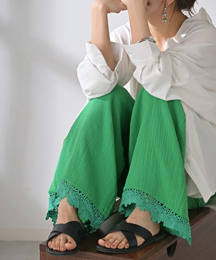 パンツ ワイド 選べる 2丈 綿100% ワイドパンツ ■一部7月上旬入荷 レディース ダブルガーゼ ロング ロングパンツ ボトムス ボトム フレア レース ズボン ゆったり ゴム ハイウエスト ストレッチ 美脚 体型カバー 大きいサイズ きれいめ カジュアル 黒 青 春 夏 HUG.U - Image 8